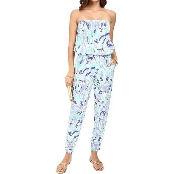 Lilly Pulitzer Womens Emiko Strapless jumpsuit in Lillys Lilac Nice Ink Size XS - Picture 1 of 11